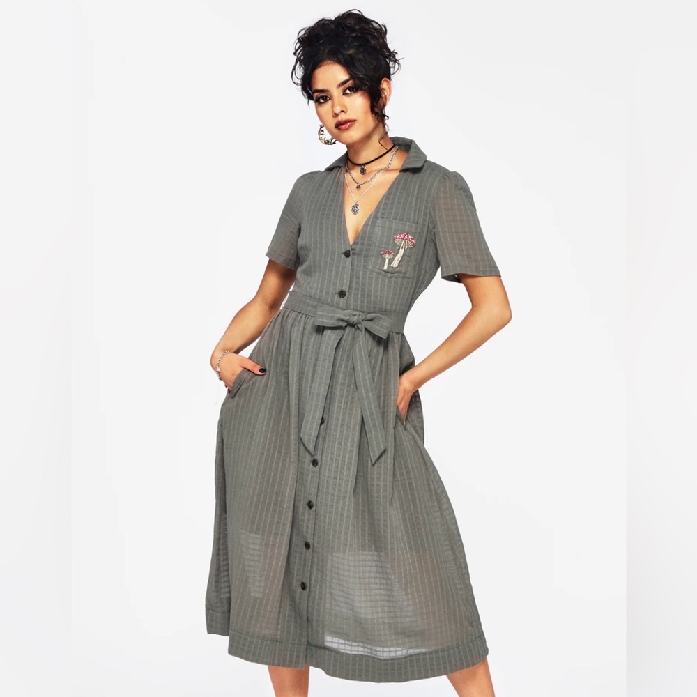 Disturbia Gray Striped Midi Dress with Mushroom Embroidery